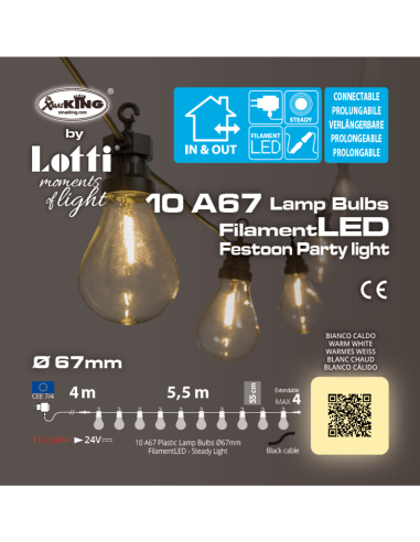 Catenaria 10 lampade A67 a filamento led bianco caldo lunghezza 5,5m