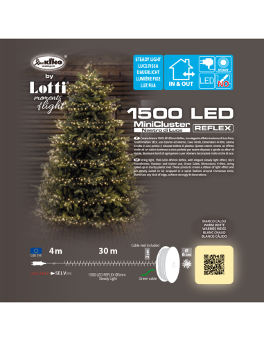 Catena LED MiniCluster ⌀6cm 1500 led 30m bianco caldo luce fissa da esterno