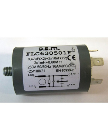 Filtro rete cilindrico codolo 5 faston 2x10nf 1x0.47µf 2x01mh 16A