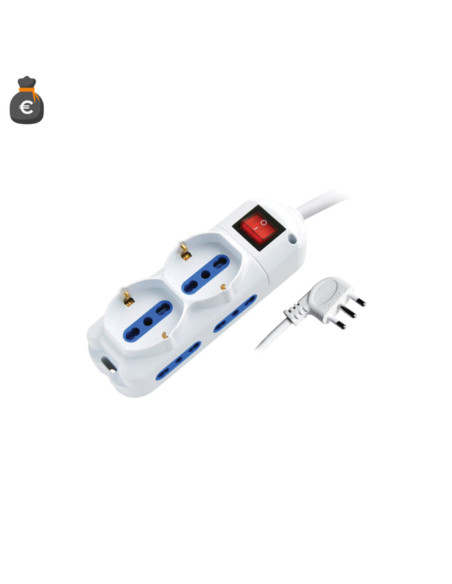 Multipresa 4x prese 10/16A + 2 schuko spina 90° bianca con cavo 1,5m