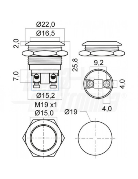 Pulsante momentaneo antivandalo NO IP65 ⌀19mm 1p spst-off/(on)