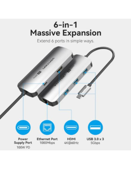 Docking station 6 in 1 da USB-C a HDMI/USB 3.0x3/RJ45/PD