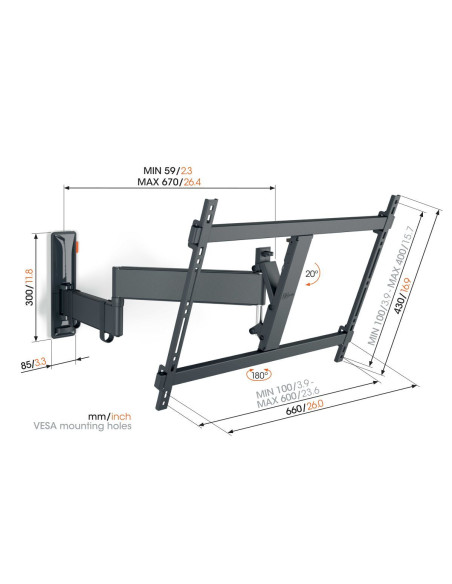 Supporto TV a parete regolabile 40"÷77" max 35kg nero VESA max 600x400mm