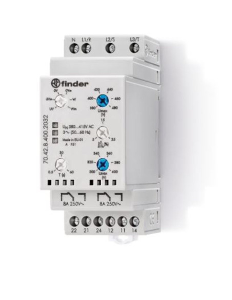 Relè di controllo tensione trifase con neutro con 2 scambi