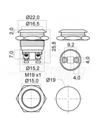 Pulsante momentaneo antivandalo NO IP65 ⌀19mm...